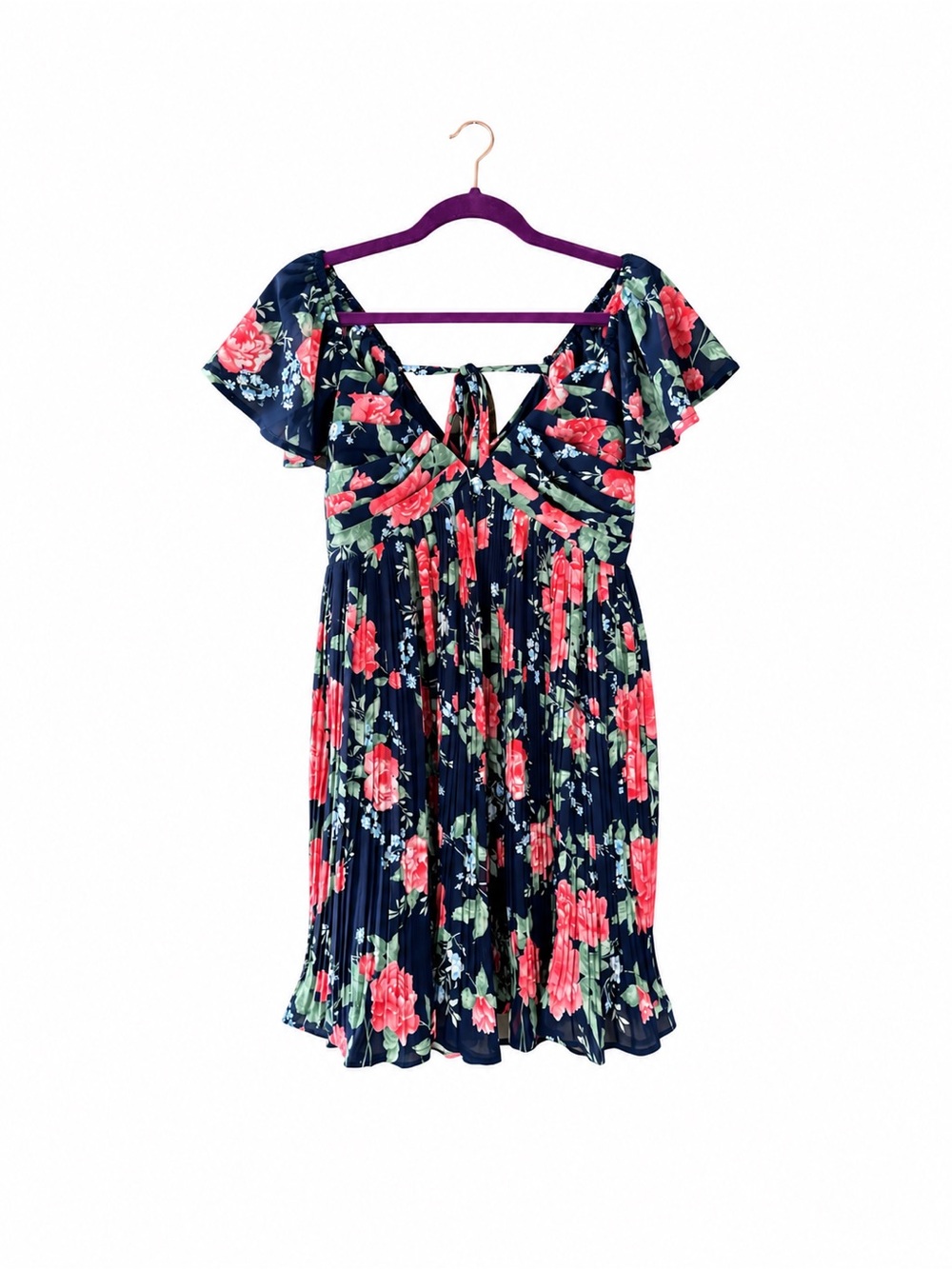 NWOT Lulus Amalfi Coast Dark Navy Floral Pleated Flutter Sleeve Mini Dress